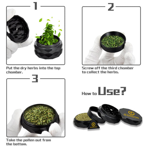 Gordon Diamond Surface Aluminum Alloy Herb Grinder, Black 50 mm Smoker Grinder, 4 Lay Easy Clean Herb Grinders